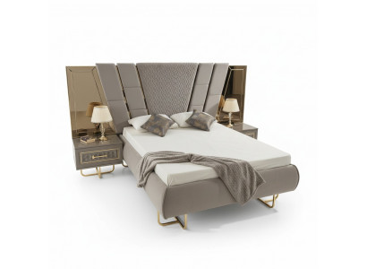 Luxe bed hotelbedden met 2x nachtkastje Gouden glanzende meubels Slaapkamer