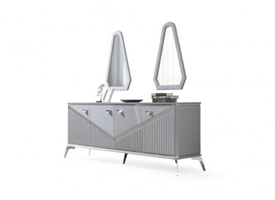 Grijze moderne eetkamerset 4x stoel spiegel dressoir rek 9-delig
