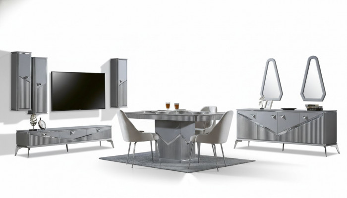 Grijze moderne eetkamerset 4x stoel spiegel dressoir rek 9-delig