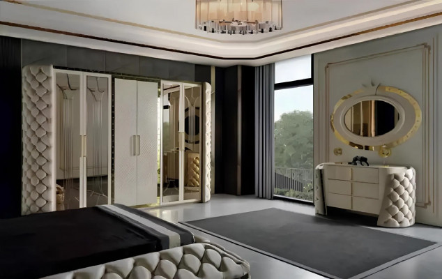 Slaapkamer Set Chesterfield Meubel Ontwerp Bed Kledingkast Spiegel 7-delig.