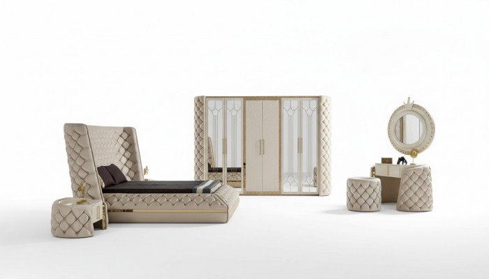 Slaapkamer Set Chesterfield Meubel Ontwerp Bed Kledingkast Spiegel 7-delig.