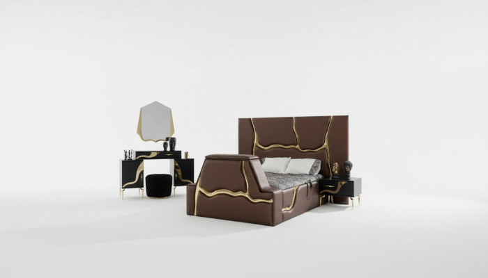 Luxe slaapkamerset bed nachtkastje goud kaptafel nachtkastjes 5-delig