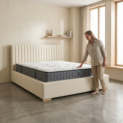 Bed Beige Double bed Wood Modern Elegant bed Upholstered fabric Bedroom New