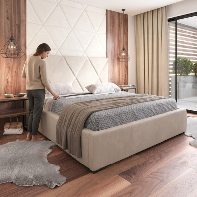 Bed Beige Double Bed Style Elegant Bed Upholstered Fabric Bedroom Modern New