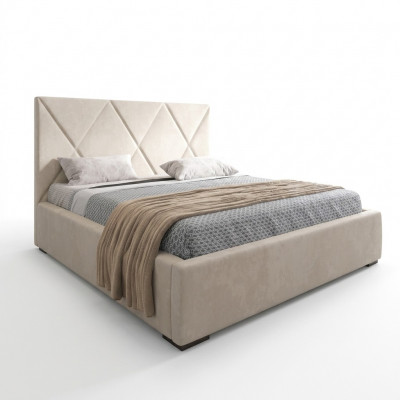 Bed Beige Double Bed Style Elegant Bed Upholstered Fabric Bedroom Modern New