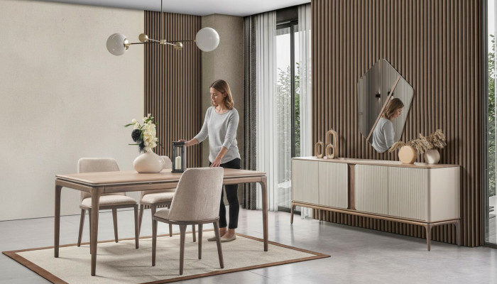 Eetkamerset Eettafel 4 stoelen Dressoir Spiegel Modern 7-delig Hout Beige