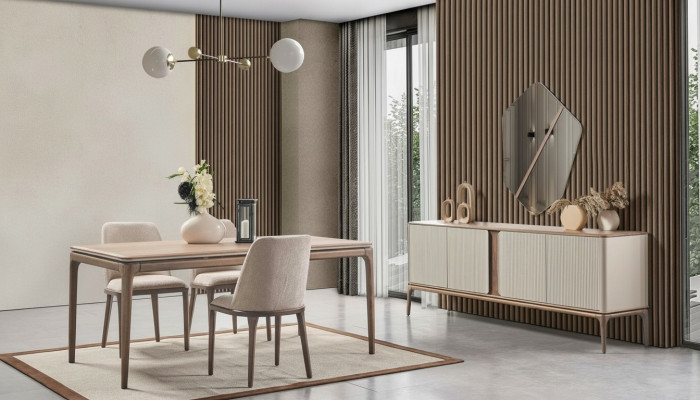 Eetkamerset Eettafel 4 stoelen Dressoir Spiegel Modern 7-delig Hout Beige