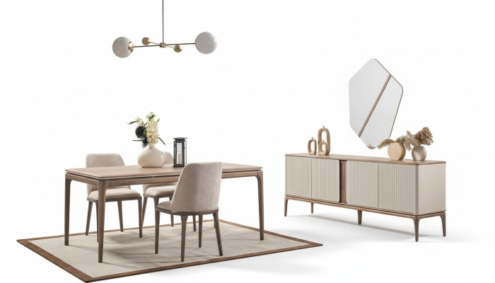 Eetkamerset Eettafel 4 stoelen Dressoir Spiegel Modern 7-delig Hout Beige