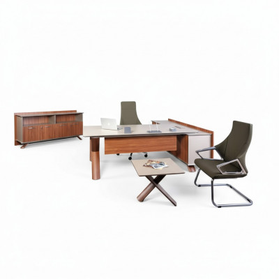 Houten meubels, werktafel, hoekbureau, kantoormeubelen, dressoir, salontafel, modern.