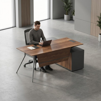Grote bruine hoekbureau houten meubels inrichting werkkamermeubels