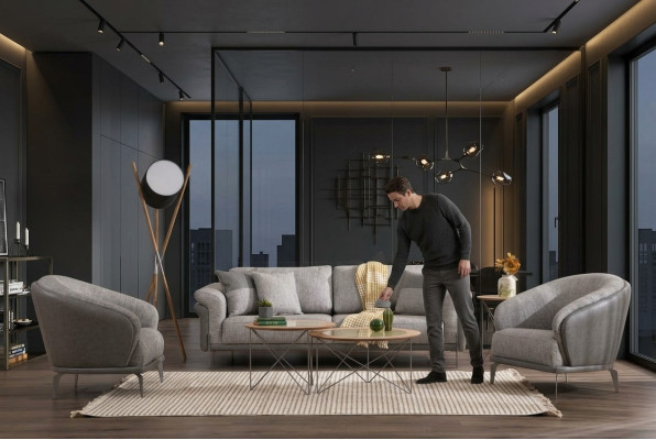 Zitgroep Bank 3-zits Grijs Fauteuil Woonkamer Meubels Luxe Design