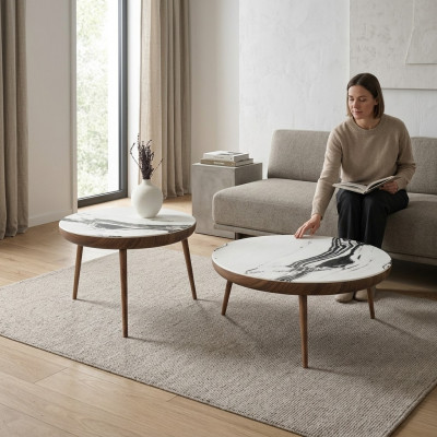 Salontafel set 2-delig. Tafel Woonkamer Meubelen Rond Wit Hout Design