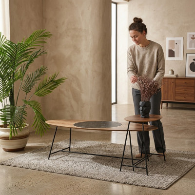 Moderne tafel salontafel bijzettafel ontwerp woonkamer hout ovaal 2-delig.