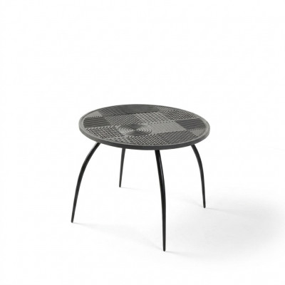 Originele zwarte ronde salontafel met een gesneden tafelblad.