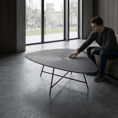 Stijlvolle zwarte salontafel voor de woonkamer met een bewerkte tafelblad.