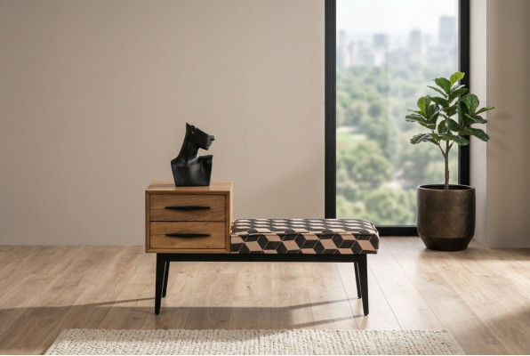Zitbank bekleding voetenbank bank textiel bruin hout stijl luxe ontwerper nieuw