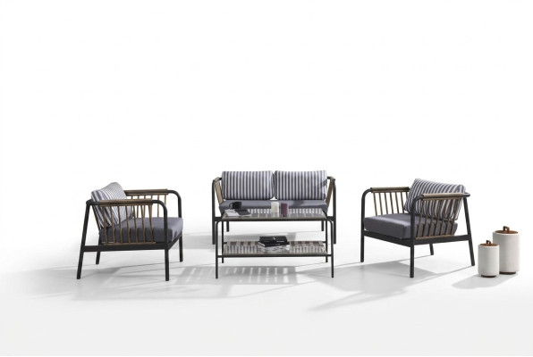 Ontwerpbank 2-zitsstof 2x fauteuil gestoffeerde banken textiel salontafel nieuw