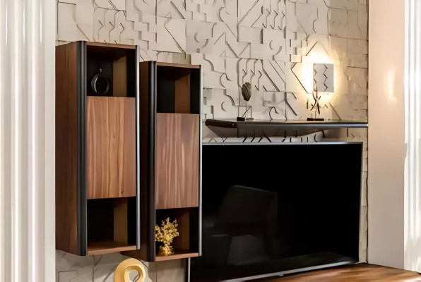 Een prachtige televisiekast met wandplanken in loftstijl die een stijlvolle uitstraling aan uw woonkamer geeft.