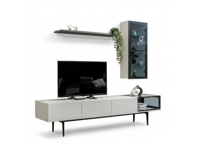 Een onvergelijkbare tv-kast en planken in minimalistische stijl.