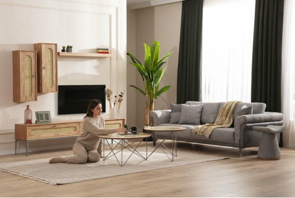 Tv-meubel Laag tv-meubel Bank 3-zitsbank 2 salontafels Tv-wand