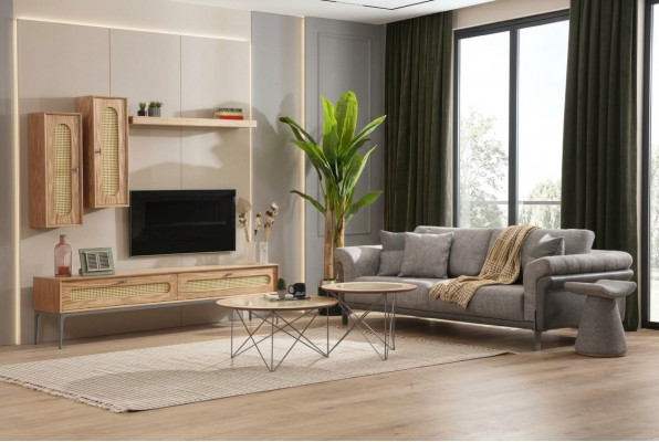 Tv-meubel Laag tv-meubel Bank 3-zitsbank 2 salontafels Tv-wand