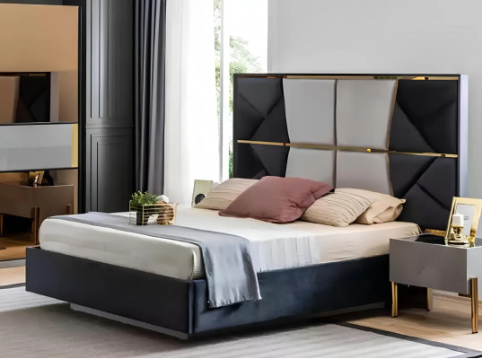 Perfecte slaapkamermeubelset in grijstinten met gouden inlegwerk.
