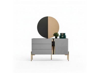 Mooie commode met spiegel in grijstinten met gouden inlegwerk.