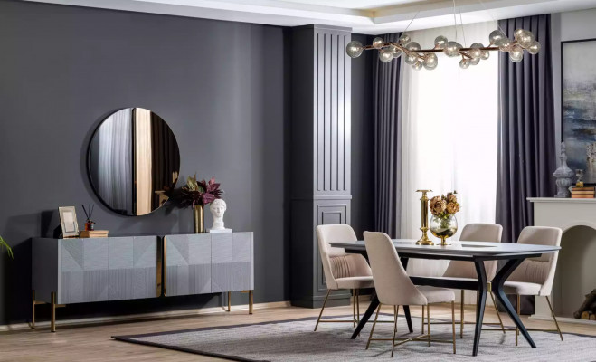 Moderne, absoluut prachtige tafel met stoelen in grijze en beige tinten.