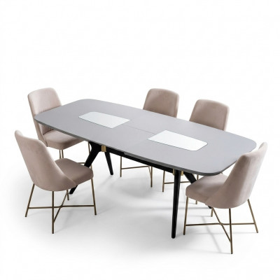 Moderne, absoluut prachtige tafel met stoelen in grijze en beige tinten.