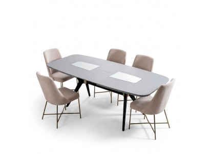 Moderne, absoluut prachtige tafel met stoelen in grijze en beige tinten.
