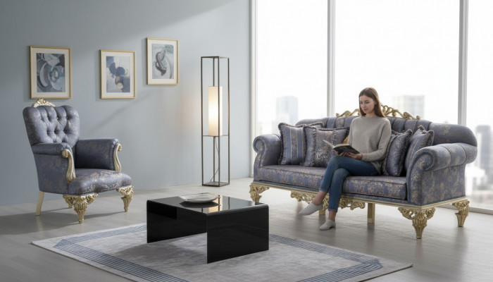 Bankstel 3-zits stof fauteuil bank gestoffeerd meubels 3+1 driezits blauw