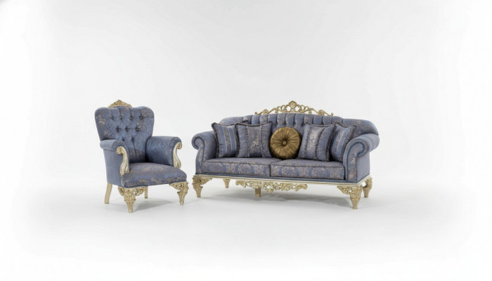 Bankstel 3-zits stof fauteuil bank gestoffeerd meubels 3+1 driezits blauw