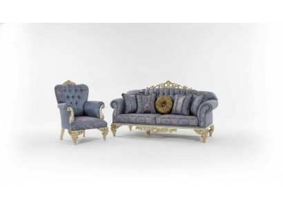 Bankstel 3-zits stof fauteuil bank gestoffeerd meubels 3+1 driezits blauw