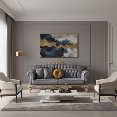 Veeleisende klassieke bank in Chesterfield-design voor de woonkamer met gouden kussens.