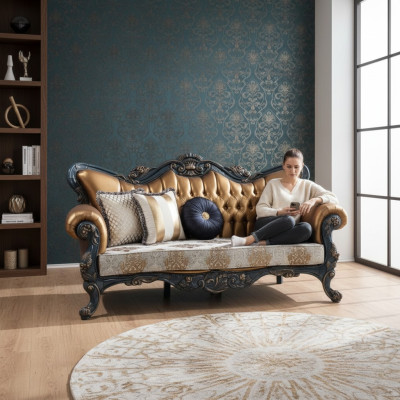 Exquise bank in klassieke stijl met gouden elementen voor de woonkamer.
