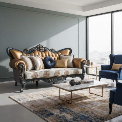 Exquise bank in klassieke stijl met gouden elementen voor de woonkamer.