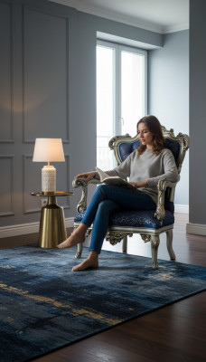 Een fantastische fauteuil in klassieke stijl in het blauw met decoratieve patronen.
