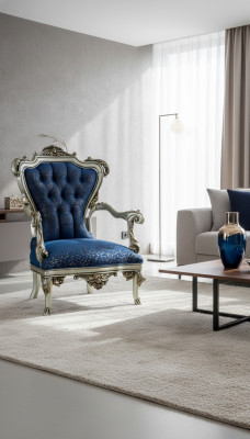 Een fantastische fauteuil in klassieke stijl in het blauw met decoratieve patronen.