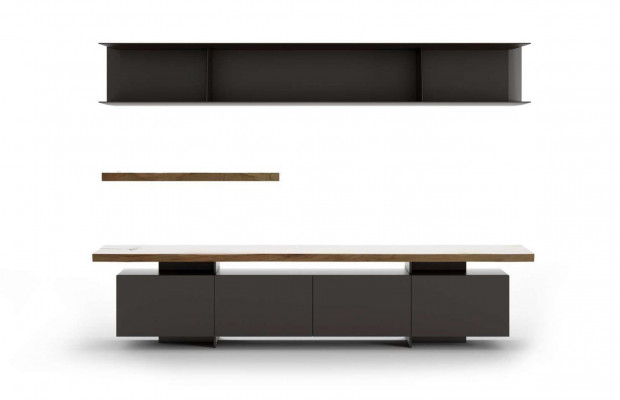 Moderne tv-standaard met wandplanken, luxe opbergkasten, walnoot natuur