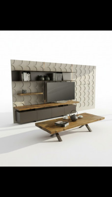 Moderne tv-standaard met wandplanken, luxe opbergkasten, walnoot natuur