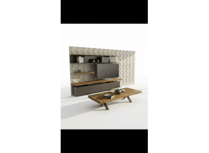 Moderne tv-standaard met wandplanken, luxe opbergkasten, walnoot natuur
