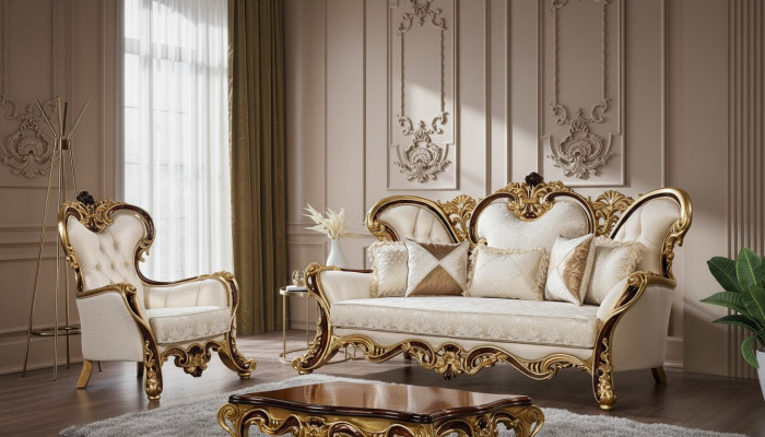 Sofaset 3+1 Zits Goud Salontafel Klassiek Woonkamerset 3-delig.