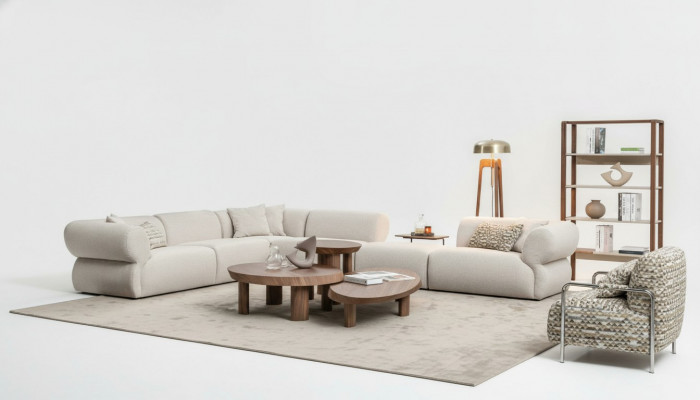 Gezellige hoekbank L-vorm Beige gestoffeerde bank woonlandschap bankstel Nieuw