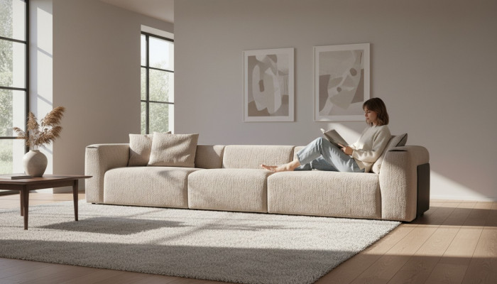 Beige bank woonkamer gestoffeerd vijfzits design luxe meubels nieuw.