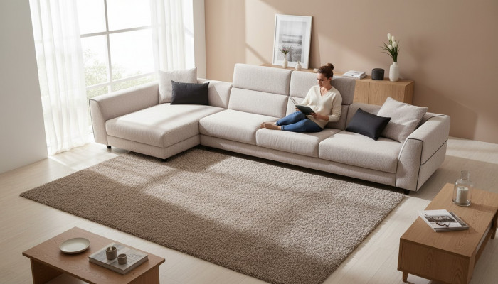 Beige L-vormige hoekbank woonkamer bankstel textiel ontwerper modern