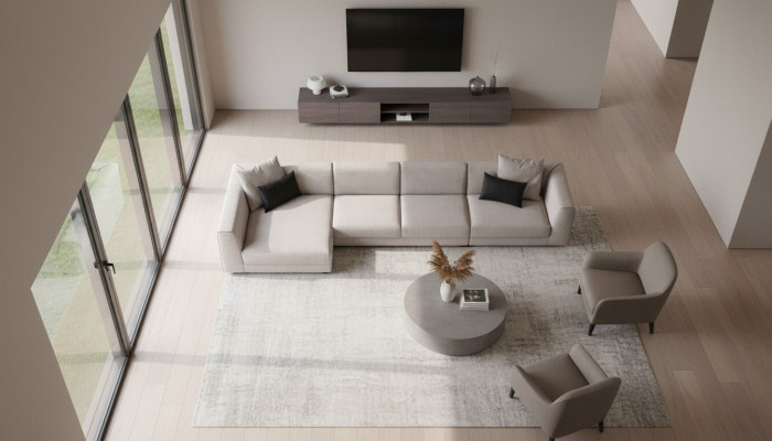 Beige L-vormige hoekbank woonkamer bankstel textiel ontwerper modern