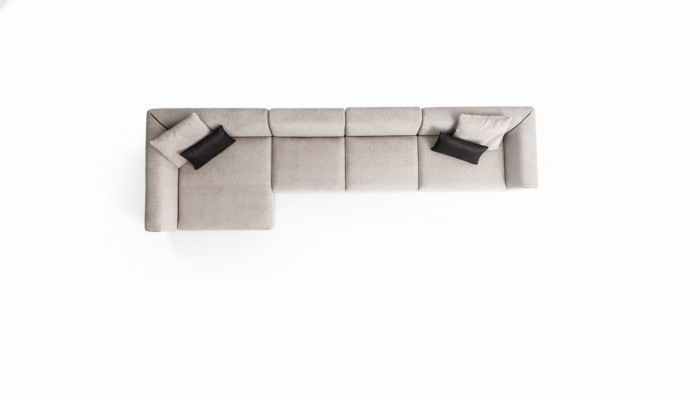 Beige L-vormige hoekbank woonkamer bankstel textiel ontwerper modern