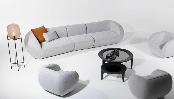 Woonkamerset, vijfzits fauteuil, gestoffeerde bank, meubeldesign, 2 stuks.   Woonkamerset, vijfzits fauteuil, gestoffeerde bank, meubeldesign, 2 stuks.