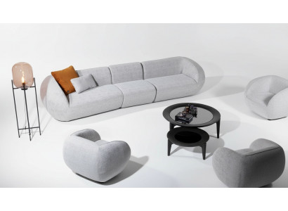 Woonkamerset, vijfzits fauteuil, gestoffeerde bank, meubeldesign, 2 stuks.   Woonkamerset, vijfzits fauteuil, gestoffeerde bank, meubeldesign, 2 stuks.
