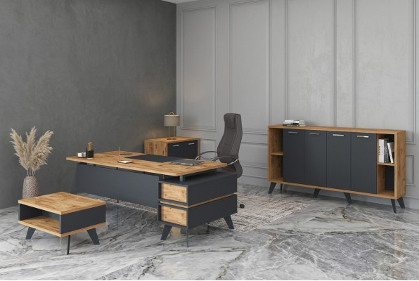 Inrichting kantoor set werkkamer bureau kasten tafel 4-delig